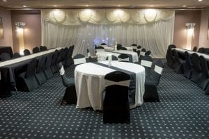 wedding venue with black table runners